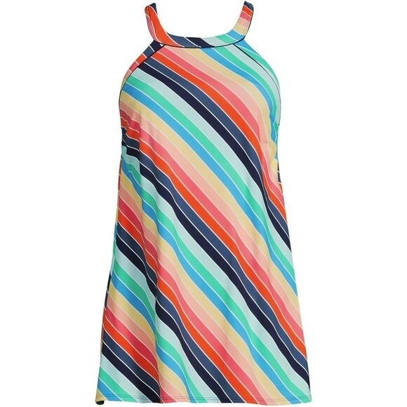 Land's End High Neck one piece chlorine resist deep sea navy multi stripe size 8 - Picture 1 of 4